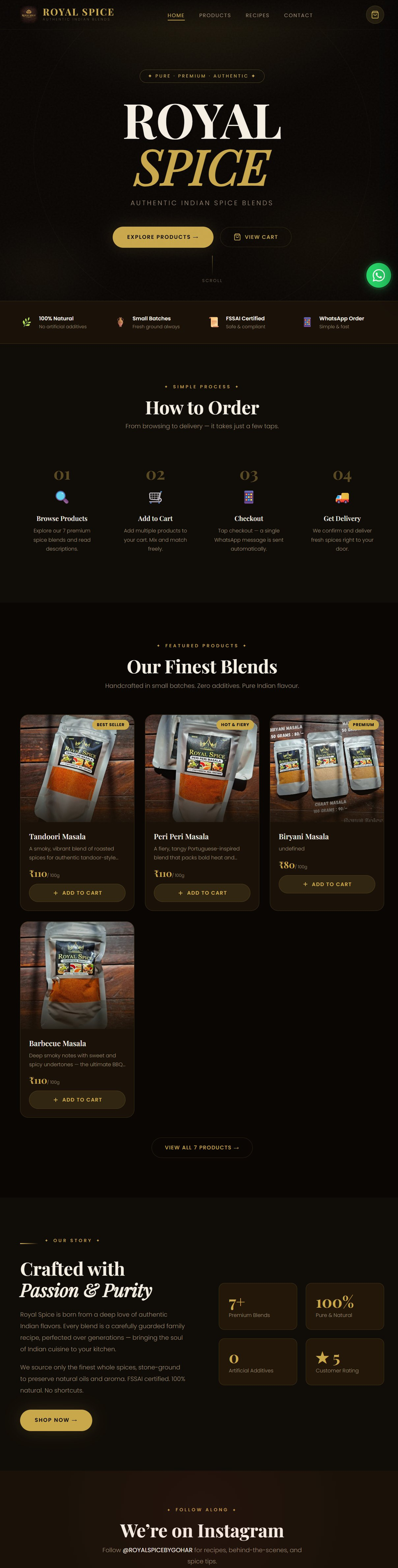 Royal Spice website — premium spice brand with WhatsApp ordering